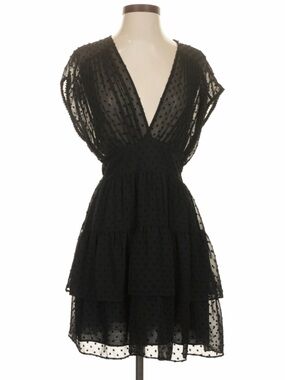 Zara black V-neck mini dress with sheer dotted mesh fabric, size S